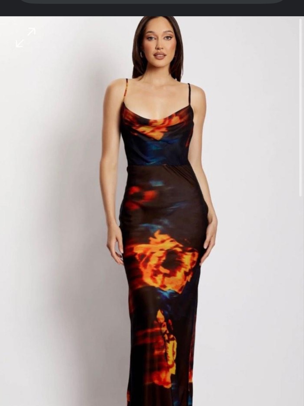 Meshki Cowl Neck Slip Maxi Dress in Fiery Abstract Print - Picture 2 of 3